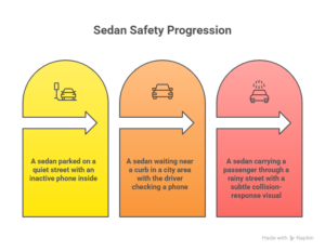 Infographic showing sedan safety progression from parked to driver checking phone to passenger in rainy collision scenario.