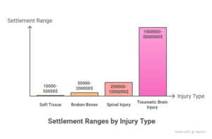 Settlement range chart comparing compensation amounts for soft tissue injuries, broken bones, spinal injury, and traumatic brain injury.