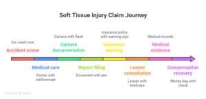 Soft tissue injury claim journey infographic showing steps from accident scene to compensation recovery.