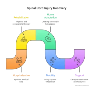Illustrated recovery journey for spinal cord injury patients showing hospitalization, rehabilitation, home adaptation, mobility support, and caregiver assistance.