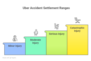 Infographic illustrating Uber accident settlement ranges by injury severity from minor injury to catastrophic injury.