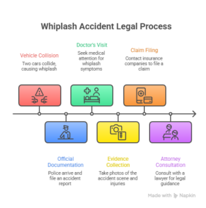 Whiplash accident legal process timeline showing collision, medical care, documentation, evidence, claim filing, and attorney consultation.
