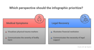 Infographic comparing medical symptoms and legal recovery perspectives for whiplash accident injury claims.