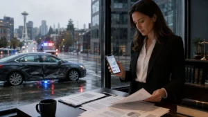 Real estate agent or legal professional reviewing documents in office while a damaged car with emergency lights is visible outside.