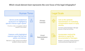 Infographic comparing anatomical focal point highlighting internal organ injuries versus legal evaluation process using professional design elements