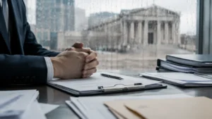 Attorney in a suit sitting at a desk with legal documents and a clipboard reviewing a bus accident tort claim with a courthouse visible through the rain-streaked window