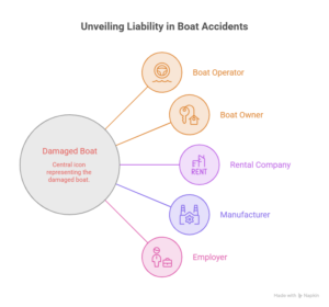 Boat accident liability infographic showing damaged boat connected to boat operator, owner, rental company, manufacturer, and employer
