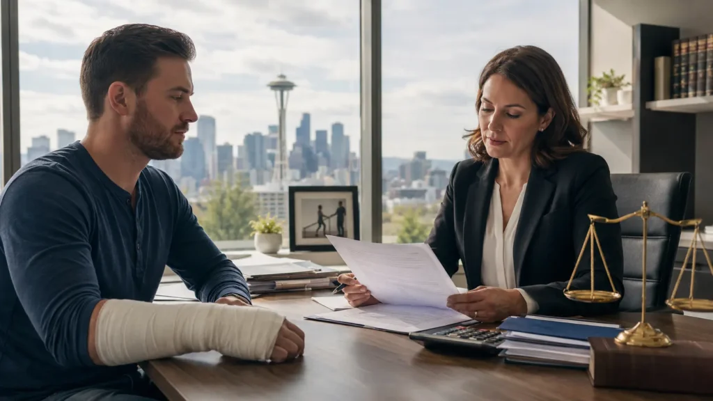 Burn injury patient with a bandaged arm consulting a personal injury attorney in a Seattle office