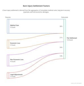 Chart showing medical costs, economic loss, non economic loss, and legal adjustments that affect burn injury settlements.