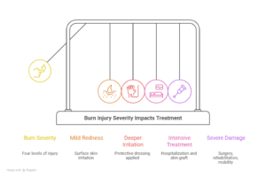 Infographic showing how burn injury severity affects treatment from mild redness to surgery and rehabilitation.