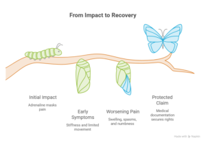 Infographic showing the progression from car accident impact and early neck symptoms to worsening pain and a documented injury claim.