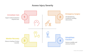 Four step infographic for assessing catastrophic injury severity showing immediate care for traumatic brain injury, emergency surgery for life threatening conditions, monitoring recovery of wounds, and rehabilitating mobility and sensory function