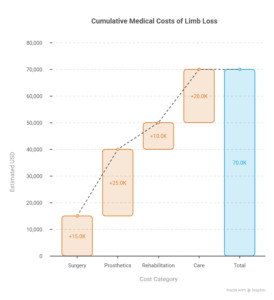 Waterfall chart showing cumulative medical costs of limb loss across surgery, prosthetics, rehabilitation, care and total expenses