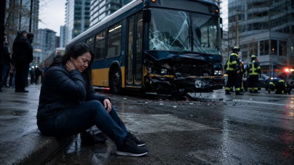 Distressed passenger sitting near damaged public transit bus after collision with emergency responders attending scene in urban environment