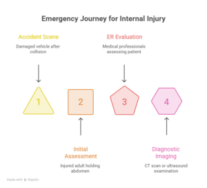Infographic showing the emergency journey for suspected internal injury from the accident scene to diagnostic imaging in the emergency room