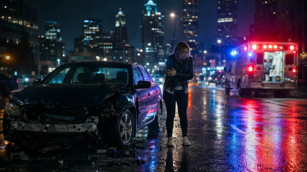 Female driver standing beside damaged car at night with ambulance lights flashing and city skyline in background