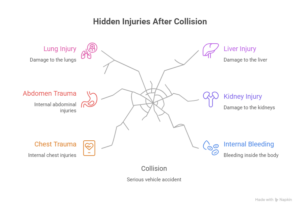 Infographic showing hidden internal injuries after a vehicle collision, including lung, liver, kidney, chest, and abdominal injuries.