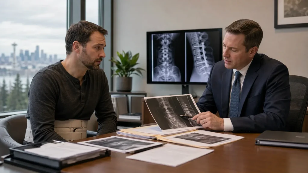 Injured man wearing a back brace reviewing spinal fusion X-rays with a legal representative during an injury claim consultation.