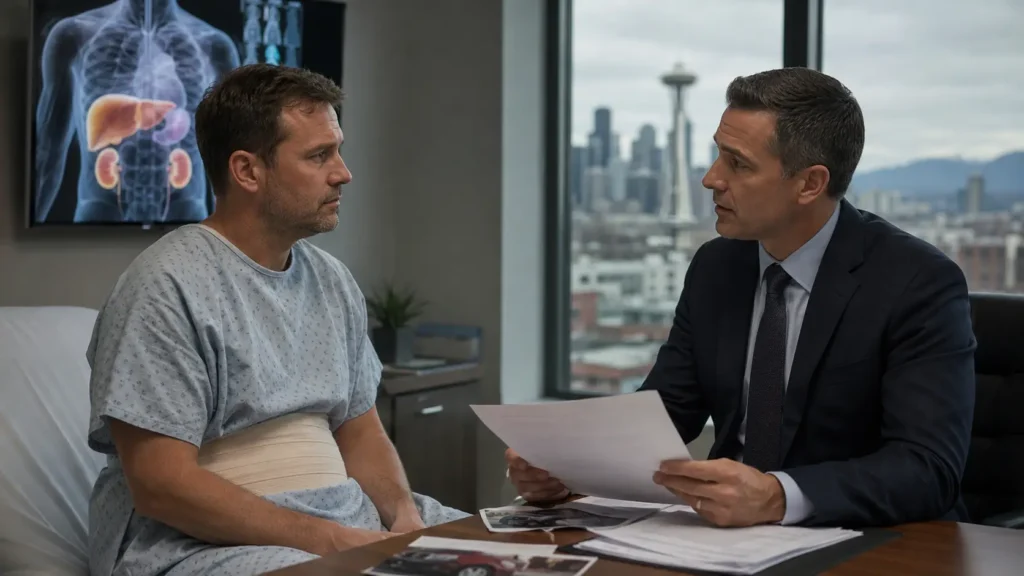 Injured patient with abdominal bandage discussing medical documents with a legal representative in a hospital room