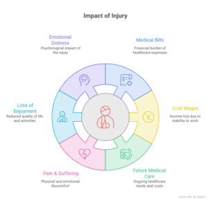 Infographic illustrating impact of injury including emotional distress, medical bills, lost wages, future medical care, pain and suffering, and loss of enjoyment