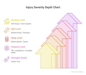 Injury severity depth chart infographic showing surface, mid, deep, deepest levels and wrongful death categories