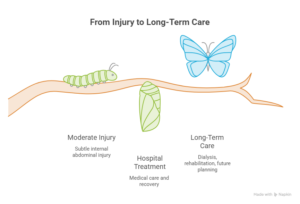Visual timeline showing progression from moderate internal injury to hospital treatment and long-term care using caterpillar to butterfly metaphor