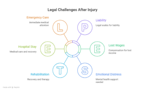 Legal challenges after injury infographic showing emergency care, hospital stay, rehabilitation, liability, lost wages and emotional distress