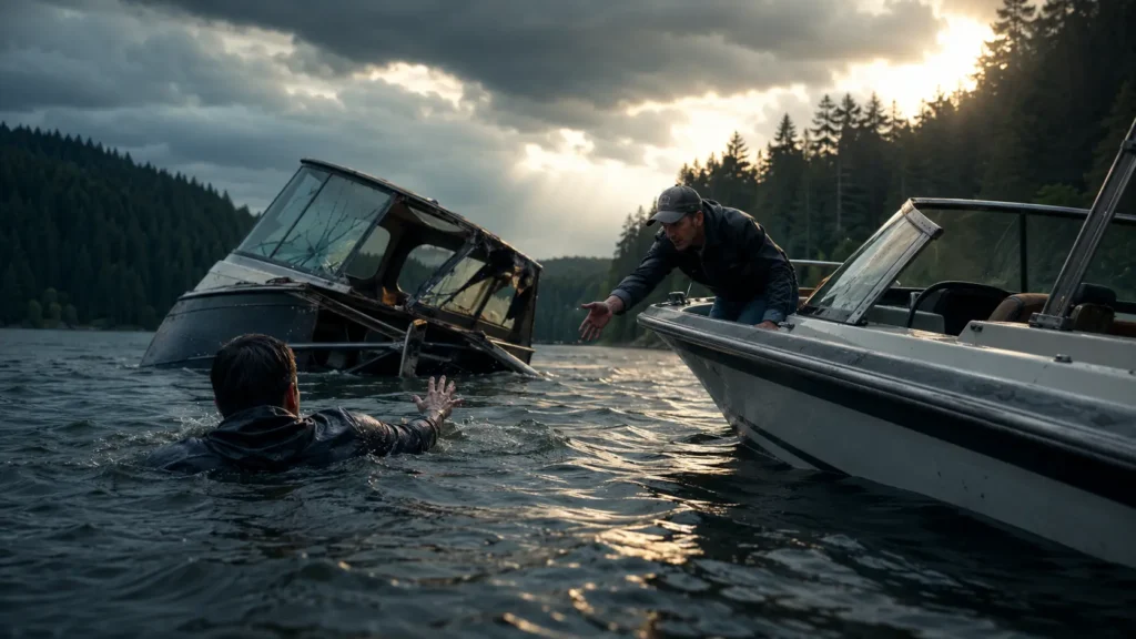 Man reaching out to rescue person from sinking boat on lake with another boat nearby and forested shoreline in background