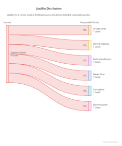 Infographic showing potential parties liable in a T-bone accident, including the at-fault driver, employer, manufacturer, repair shop, government agency, and business