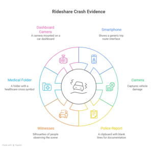 Rideshare crash evidence diagram showing dashboard camera smartphone camera police report witnesses and medical folder around damaged car icon