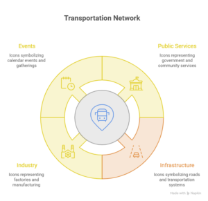 Hub and spoke diagram infographic showing the transportation network of liable parties in a Seattle bus accident including public services, infrastructure, industry, and events surrounding a central bus icon