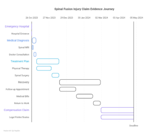 Spinal fusion injury claim evidence timeline showing hospital care, diagnosis, treatment, surgery, recovery and compensation claim stages