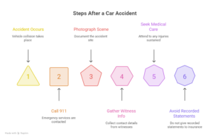 Infographic outlining steps after a car accident, including calling 911, photographing the scene, gathering witness information, and seeking medical care.