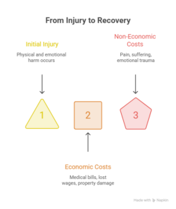 Infographic explaining compensation after an accident injury, including economic costs and non-economic losses such as pain and emotional trauma.
