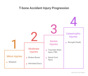 T-bone accident injury progression infographic showing minor, moderate, severe and catastrophic injury categories
