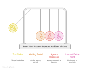Infographic showing tort claim process impact on accident victims including filing claim, waiting period, agency response, and lawsuit settlement