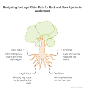 Infographic explaining the legal claim path for back and neck injuries in Washington, including injury type, evidence, deadlines, and legal steps.