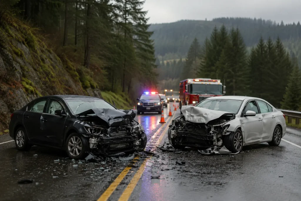 Head on vehicle collision on a Washington roadway showing the aftermath of a serious front impact crash.
