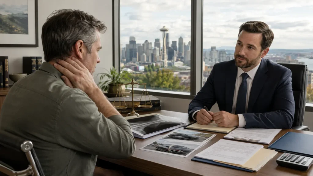 Whiplash injury victim discussing neck pain, accident evidence, and legal options with a personal injury attorney in Seattle.