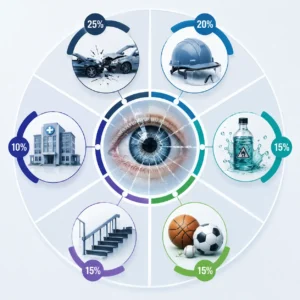 Medical infographic illustrating the most common causes of eye injuries using a central eye graphic surrounded by risk icons.