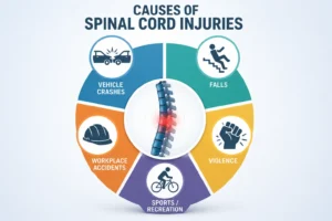 Medical infographic showing the common causes of spinal cord injuries using simple healthcare and safety icons.