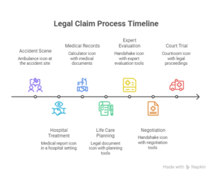 Accident injury legal claim process timeline showing steps from incident reporting and medical treatment to insurance claim settlement and compensation resolution