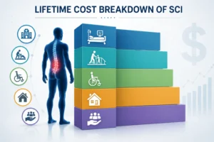 Medical infographic illustrating the lifetime cost categories of spinal cord injury care with stacked healthcare expense visualization.