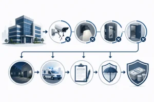 Visual explanation of how inadequate property security can lead to injury liability and financial recovery.