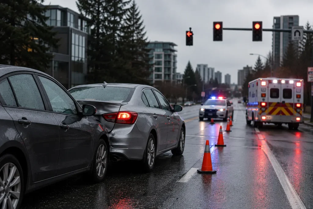 Rear end collision at a red traffic light in Seattle showing a stopped vehicle after being struck from behind.