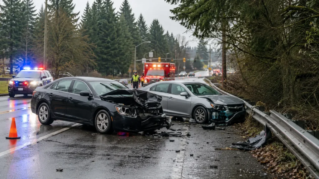 Nighttime drunk driving collision scene in Seattle with emergency vehicles responding to a serious crash.