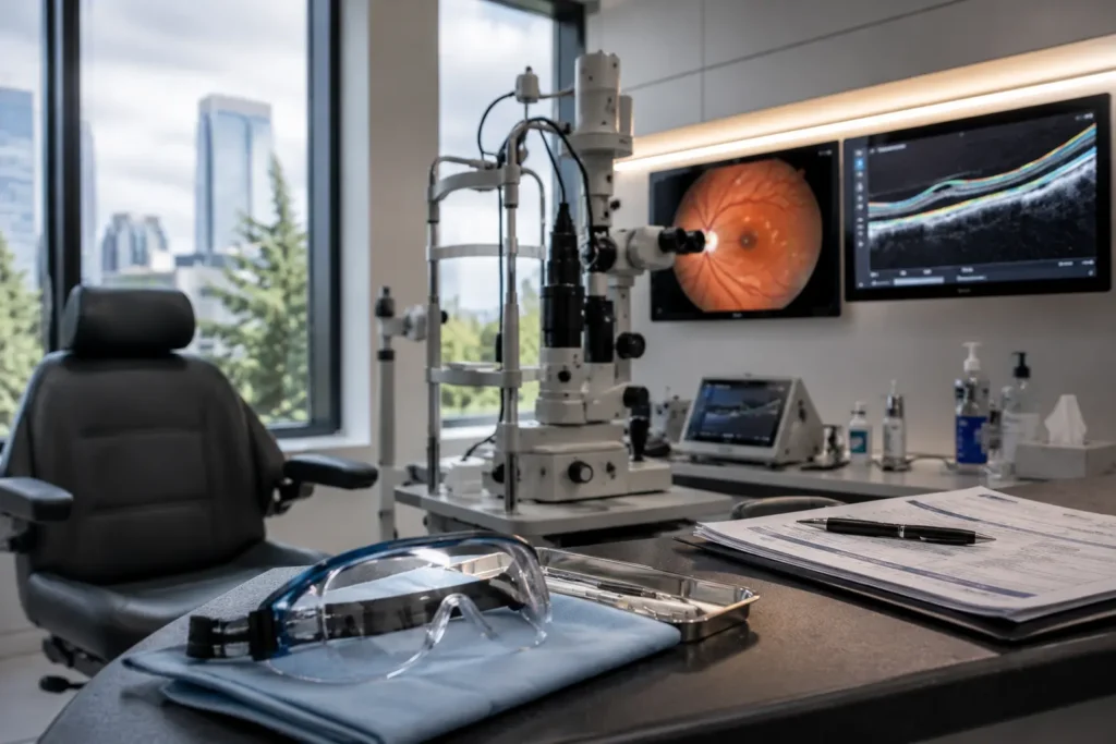Modern ophthalmology examination room prepared to evaluate a serious eye injury after an accident.