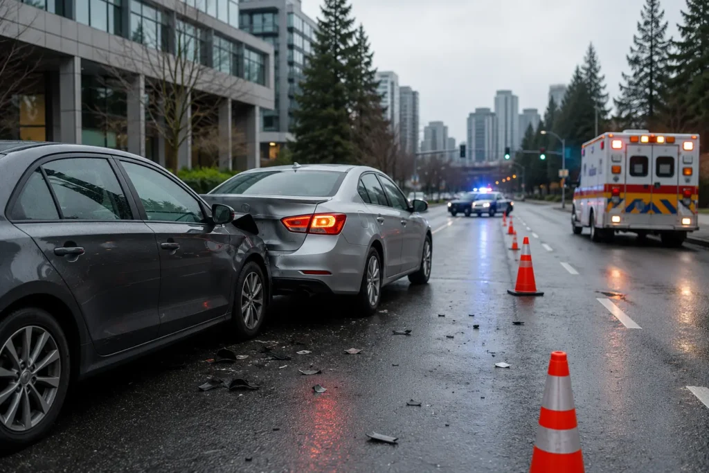 Rear end vehicle collision in Seattle showing the aftermath of a crash commonly associated with whiplash injuries.