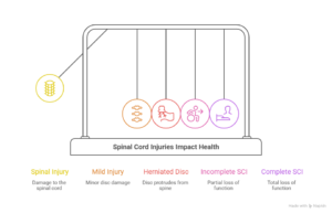 Spinal cord injury infographic showing impact on health stages including initial trauma acute care rehabilitation and long term physical effects on mobility and nervous system function