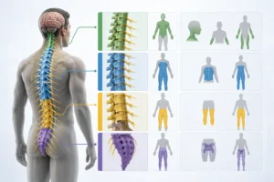 3D anatomical illustration showing cervical thoracic lumbar and sacral spinal cord injury levels with affected body regions.